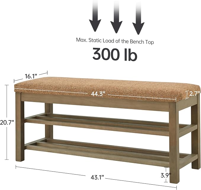 VKNOW Entryway Bench, 44.3” Upholstered Shoe Storage Bench for Bedroom, 2-Tier Storage End of Bed Bench with Rubberwood Legs for Living Room, Hallway, Orange - Image 2