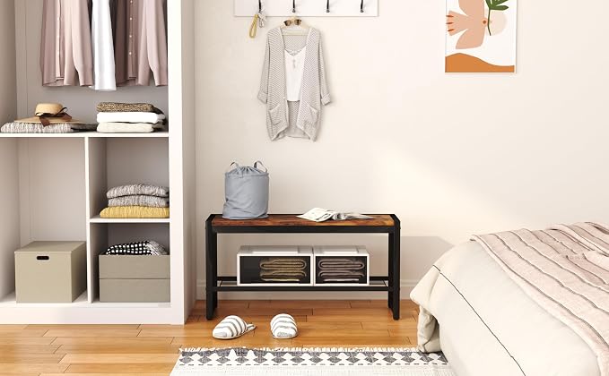 HOMEFORT Shoe Bench, Modern Industrial Shoe Storage Bench, Entryway Bench with Mesh Shelf and Sturdy Metal Frame, Metal Shoe Rack Bench for Hallway, Mudroom, Living Room, Rustic Brown - Image 2