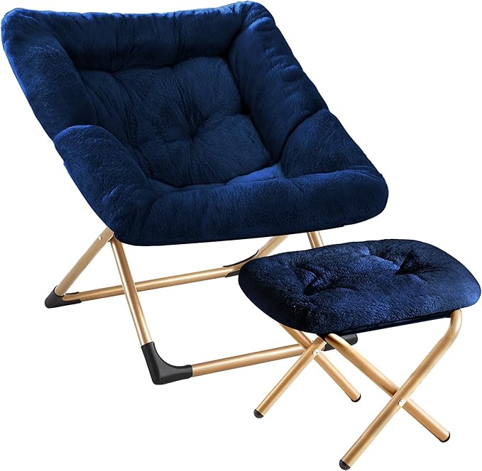 Youtanic Comfy Oversized Saucer Chair with Ottoman,Soft Faux Fur Reading Lounge Chair for Adults,Stable X-Large Metal Frame and Non-Slip Pad,Cozy Chair for Bedroom, Living Room, Dorm, Office, Blue