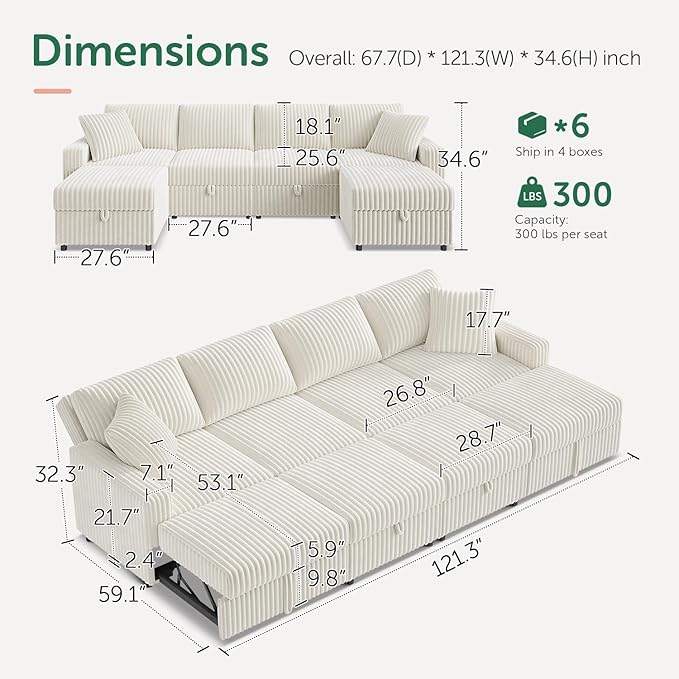 HONBAY 121.3 Inch Modular Sectional Sleeper Sofa with Pull Out Bed, Convertible L & U Shaped Couch with Storage & Adjustable Backrest, Velvet White