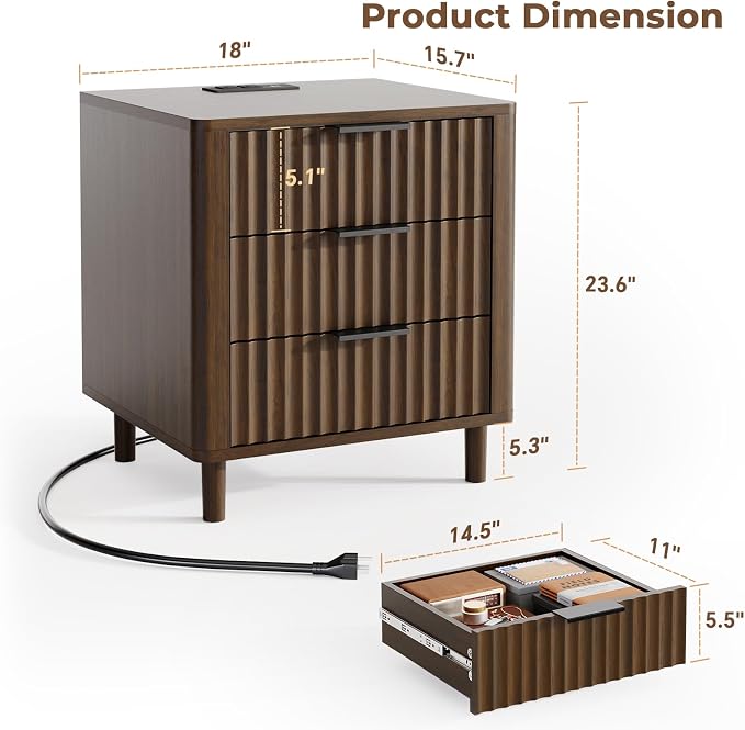 Fluted Nightstand with Charging Station, Multifunctional 3 Drawers Storage Bedside Table, Solid Wood Modern Nightstand, Curved Profile Design, End Table for Indoor Room Bedroom Office, Walnut - Image 2