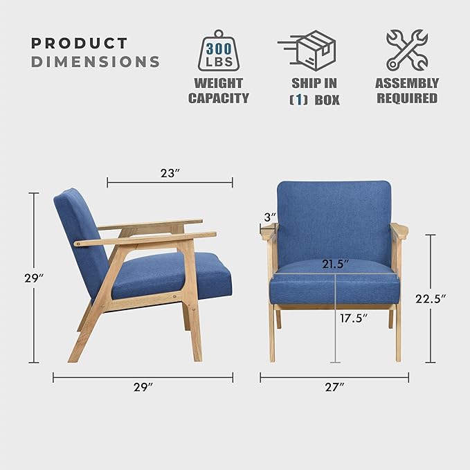 Lexicon Mid Century Modern Accent Chair, Upholstered Lounge Armchair, Single Sofa Seat, Natural Finish Solid Wood Framed Comfy Side Chairs for Living Room/Bedroom/Office/Waiting Area, Blue