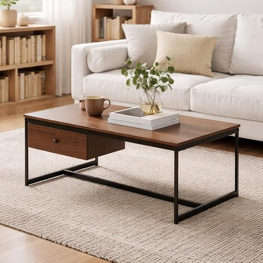 Manora Minimalist Coffee Table with Drawer, Modern Industrial Aesthetic Center Table for Living Room, Stylish Wood Modern Coffee Table with Storage, Walnut