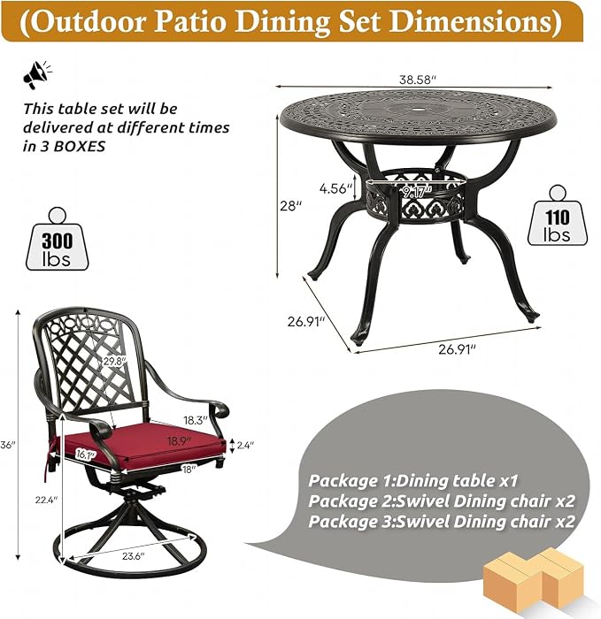 Cast Aluminum Outdoor Patio Dining Set, All Weather Outdoor Furniture Dining Set for Patio, Balcony, Lawn, Garden, Backyard (1 Round Table+4 Red Swivel Dining Chairs) - Image 6