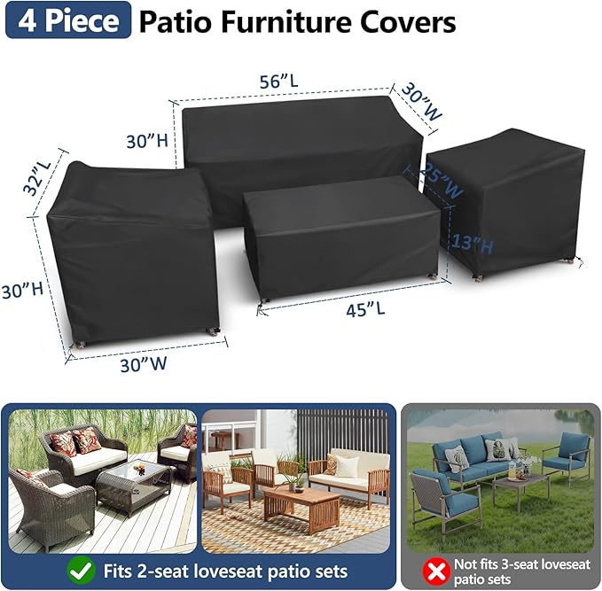 STARTWO Outdoor Furniture Cover Waterproof, 4 Piece Patio Furniture Set Cover 400D for Outside Couch, Lawn Chairs, Coffee Table, Windproof with Buckle Strap, Black - Image 2