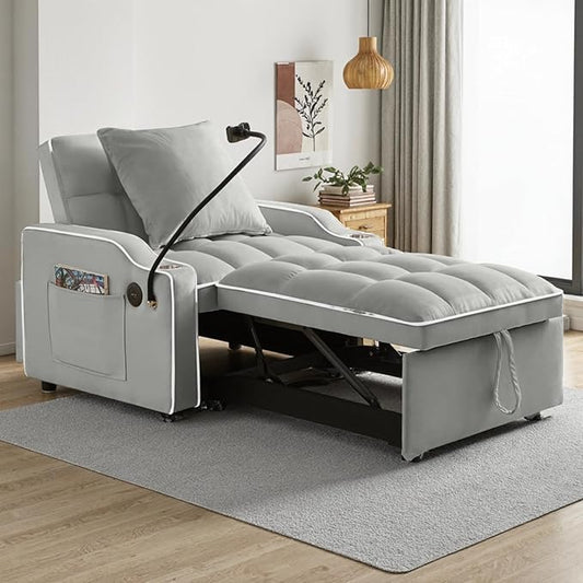 3 in 1 Convertible Sleeper Sofa Bed with Phone Holder, 35'' Pull Out Sofa Bed Recliner with Adjustable Backrest, Velvet Fabric Sleeper Couch Single Modern Chair for Small Space & RV, Gray