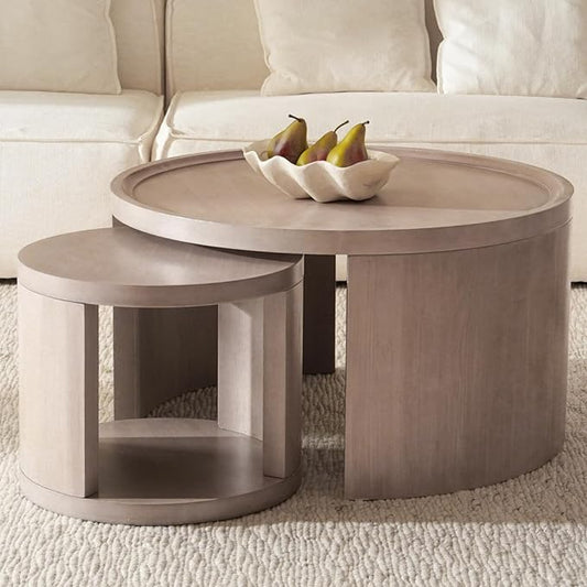 Round Nesting Coffee Table Set of 2, Gray Coffee Table, 31.5" Large & 18" Small Low Tables with Wood Top, Center Table for Living Room, Bedroom, Minimalist Center Table Set