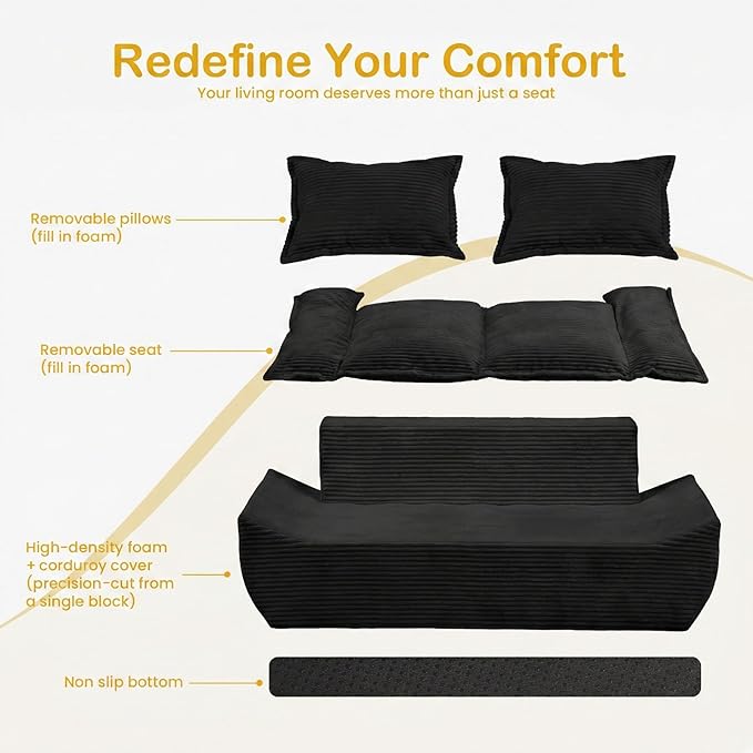 59" Boneless Loveseat Sofa, 2-Seater Black Boneless Sofa with Removable Cushions & 2 Pillows, Small Couch Boneless Compress Foam Sofa for Living Room, Apartments, & Office