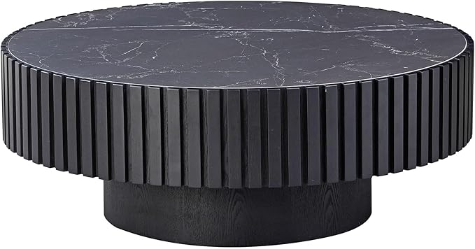 35.43'' Round Coffee Table with Faux Marble Tabletop, Modern Drum Center Coffee Tables Luxury Circle Coffee Table for Bedroom,Apartment,Living Room-Black
