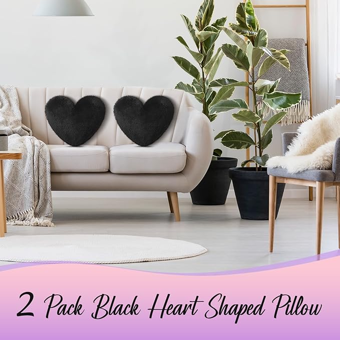 Marsui 2 Pcs Heart Throw Pillows, Soft Fluffy Faux Fur Decorative Hearts Shaped Pillows for Living Room Sofa Bed, Cute Heart Themed Gift for Women(Black,11.81 x 11.02 Inch)