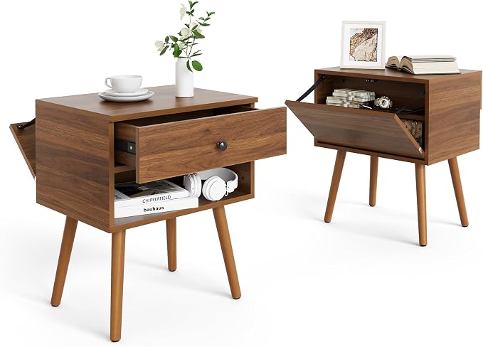 Hidden Compartment Night Stand Set 2, Mid Century Modern Concealment Furniture, End Table with Storage Drawer, Bedside Table with Wood Legs for Bedroom (2,Walnut) by Mazefur