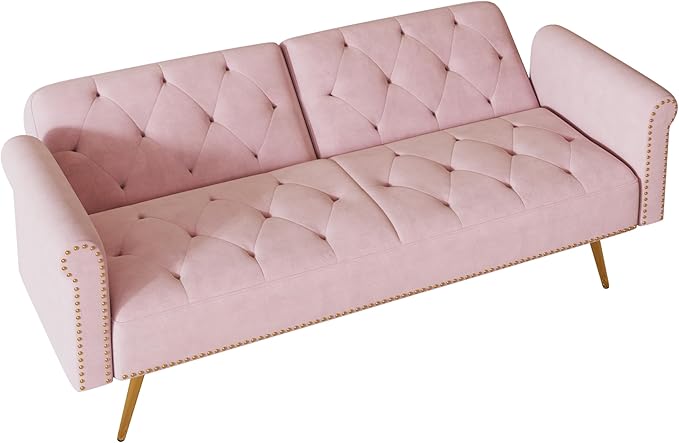 Convertible Futon Sofa Bed , Adjustable Sleeper Couch Modern Velvet Tufted Recliner Reversible Loveseat Folding Daybed Guest Bed Sofacama w/ Nailhead Trim and Golden Metal Legs for Living Room Office