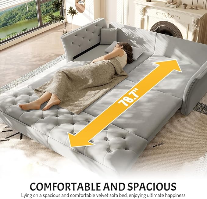 ERYE 3-in-1 Foldable Sleeper Sofa Bed Velvet Fabric Loveseat Sofabed, 74-Inch Queen Loveseat Convertible Pull Out Sleeper Couch Bed with Flower Tufted Accent, Easy Assemble