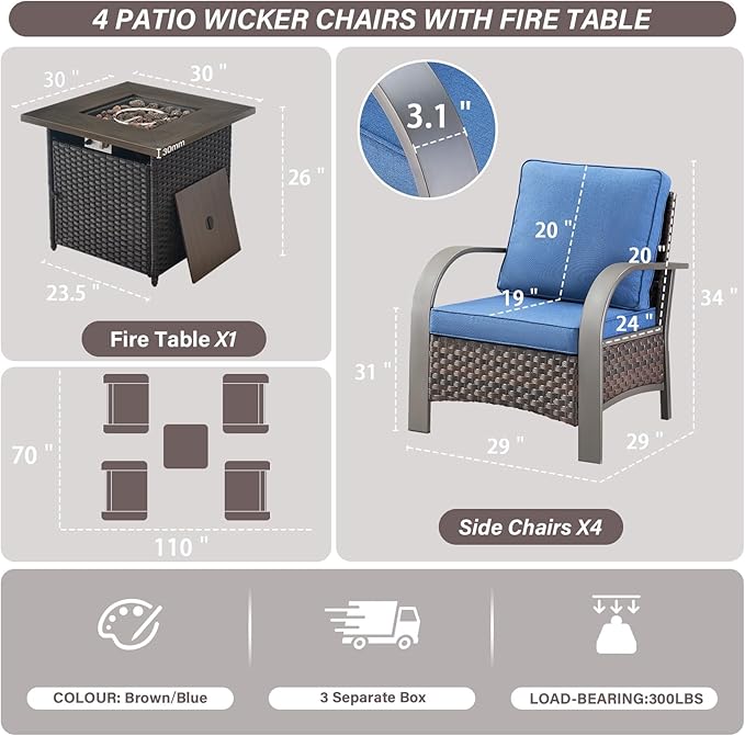 Belord 5 Piece Patio Furniture Set with Fire Pit Table - Outdoor Conversation Set with Propane Fire Pit and 4 Wicker Chairs for Backyard Patio or Casual Gathering Brown