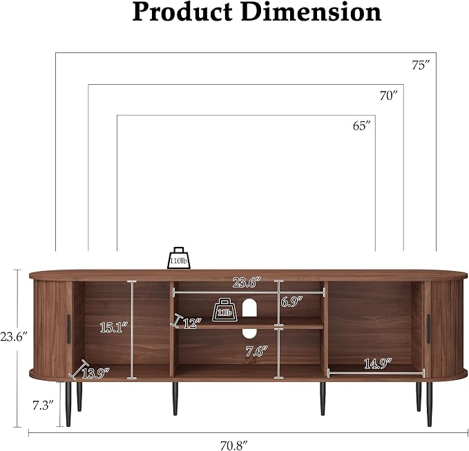 ARTPOWER 70" Modern TV Stand with Tambour Door for TVs up to 80", Entertainment Center with Storage, Fluted Television Consoles for Living Room, Brown - Image 7