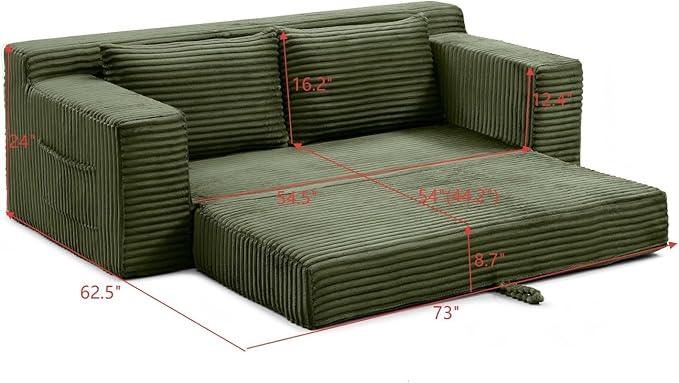 Convertible Sofa Bed, 2 in 1 Memory Foam Futon Couch, No Assembly Corduroy Foldable Sofa Bed, Comfy Floor Couch with 2 Pillows for Bedroom, Living Room, Apartment, Green