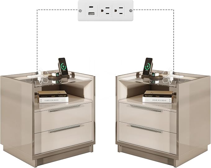 AMERLIFE Nightstand Set of 2, 23.6" High Gloss End Table with Glass Tabletop, Modern Bedside Table with Charging Station, 2 Drawers Nightstand for Bedroom, Cream & Gray by AMERLIFE