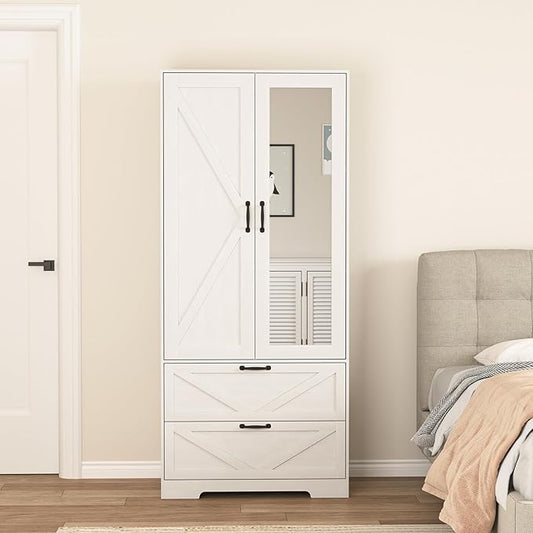 31.5" 2-Door Wardrobe with Mirror, Modern Closet with 2 Drawers, Geometric Design Storage Cabinet for Bedroom