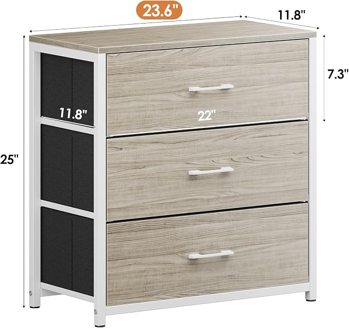 Memobarco Nightstand, End Table, Bedside Table, Tall Fabric Dresser with 3 Drawer, White Drawers Small Chests of Drawers Organizer Storage Tower with Steel Frame, Wooden Top & Front for Bedroom - Image 2