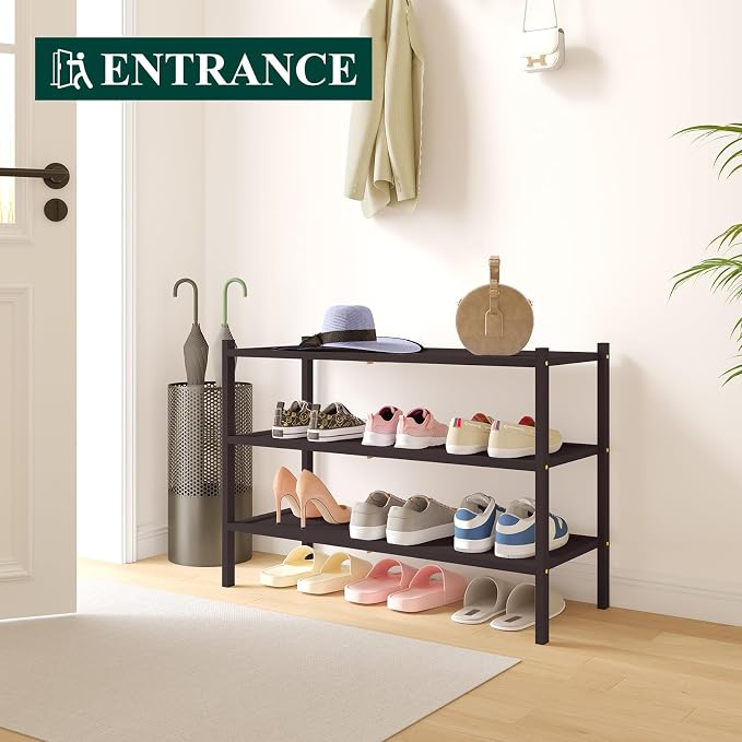 Smiry Bamboo Shoe Rack, 3 Tier Shoe Organizer for Entryway & Closet, Stackable Free Standing Storage Shelf for Shoes, Bags & Plants, Brown - Image 6