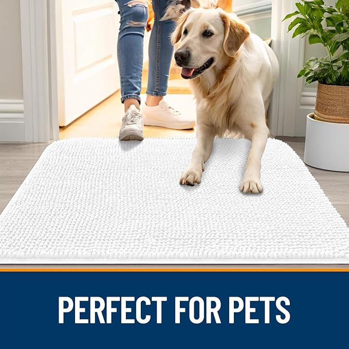 OLANLY Dog Door Mat for Muddy Paws 54x24, Absorbs Moisture and Dirt, Absorbent Non-Slip Washable Doormat, Quick Dry Chenille Mud Mat for Dogs, Entry Indoor Entryway Carpet for Inside Floor, White - Image 6
