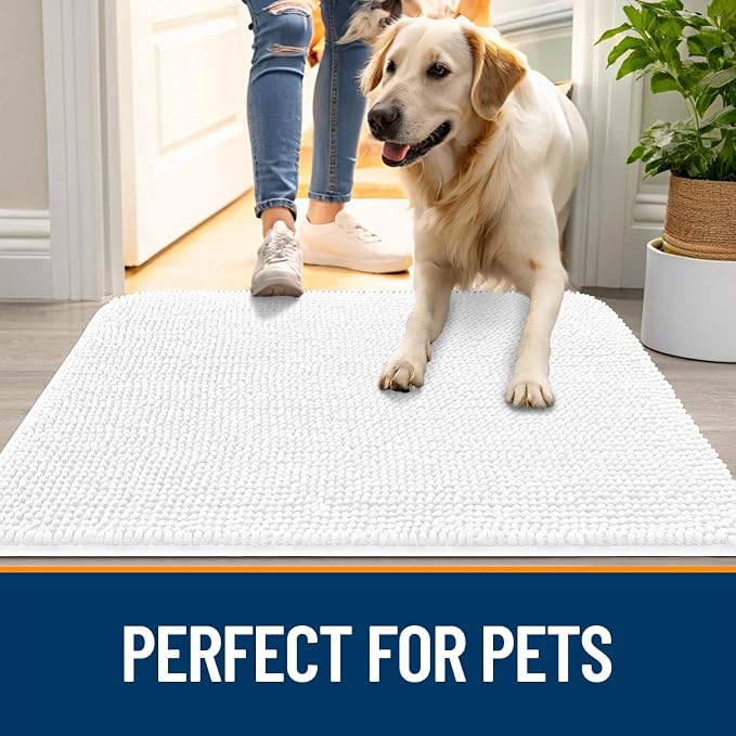 OLANLY Dog Door Mat for Muddy Paws 32x20, Absorbs Moisture and Dirt, Absorbent Non-Slip Washable Doormat, Quick Dry Chenille Mud Mat for Dogs, Entry Indoor Entryway Carpet for Inside Floor, White - Image 6