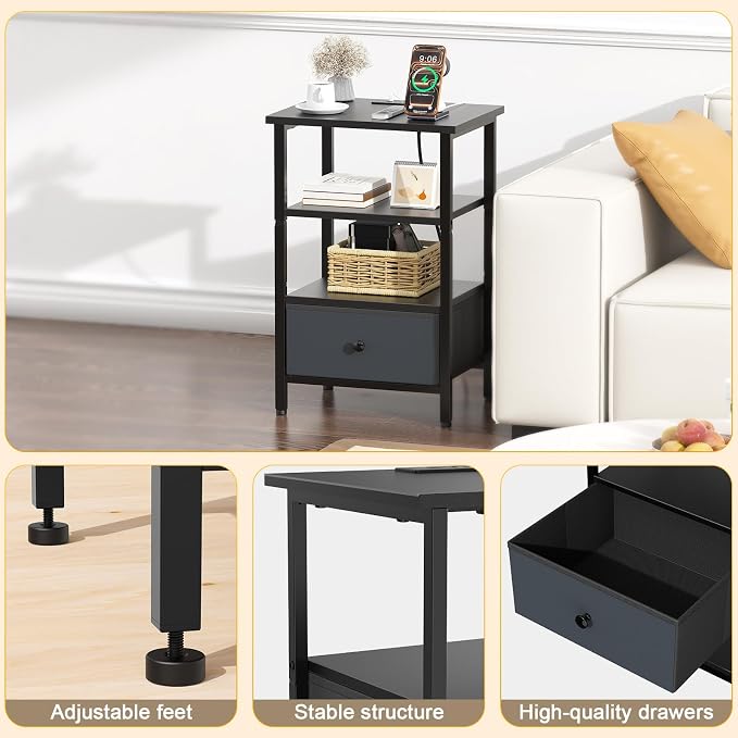 Side Table with Charging Station, Nightstand with Adjustable Fabric Drawer, Bedside Table for Bedrooms, Living Rooms & Home Decor (Black) - Image 6