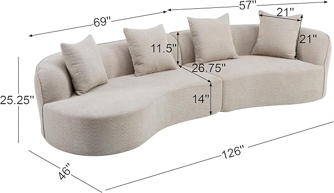 Christopher Knight Home Braebt 126" Comfy Upholstered Cloud Couch, 5-Seater Sofa Couches, Curved Modular Sectional Sofa with 4 Throw Pillows for Living Room, Study, No Assembly Required, Almond