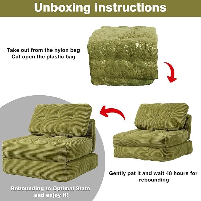 Art3d Folding Sofa Bed, Convertible Sleeper Sofa Bed with Pilow & Back Support, 3 in 1 Long Futon Boneless Couch, Comfy Floor Couch for Living Room, Bedroom, Grass Green