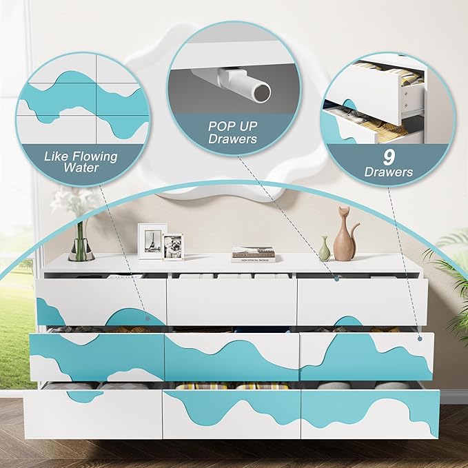 Anbuy Water Stream 9 Drawer Dresser and Water Stream Night Stand Sets for Bedroom, Two Drawers Nightstand Set of 2 & 9 Drawer Dresser Combo 3 Pieces (White)