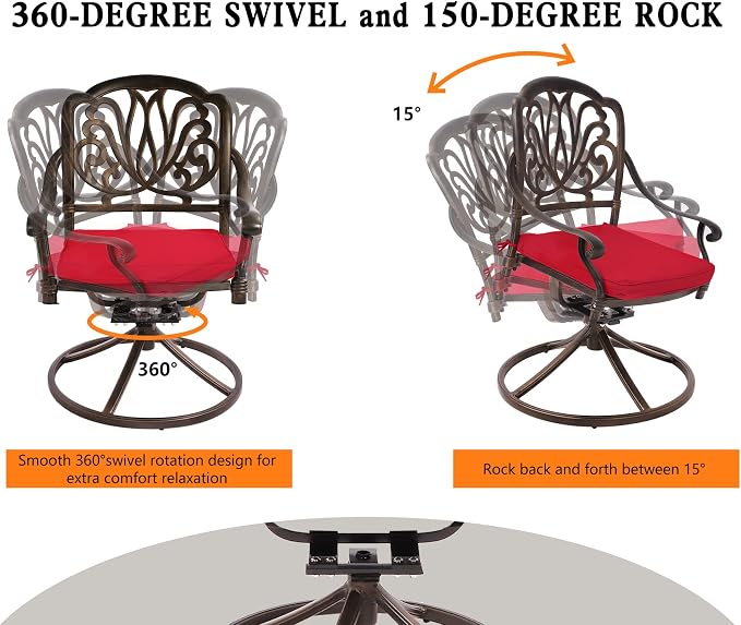 Grepatio 5 Piece Outdoor Dining Set Cast Aluminum Patio Dining Set Table and Chairs Outside Furniture 4 Swivel Chairs with Cushion and 1 Umbrella Round Dining Table for Lawn Garden Patio (Red) - Image 5