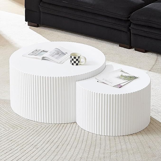 kevinplus 55.12'' White Round Nesting Coffee Table Set of 2, Modern Side End Table for Living Room, Contemporary Wood Circle Embossed Crescent Design, No Assembly, White