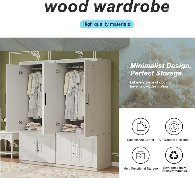 Wooden Armoire Wardrobe Closet with 4 Door, Bedroom Armoire Storage Cabinet, Modern White Armoire Wardrobe Closet with Shelves and Hanging Rod for Bedroom