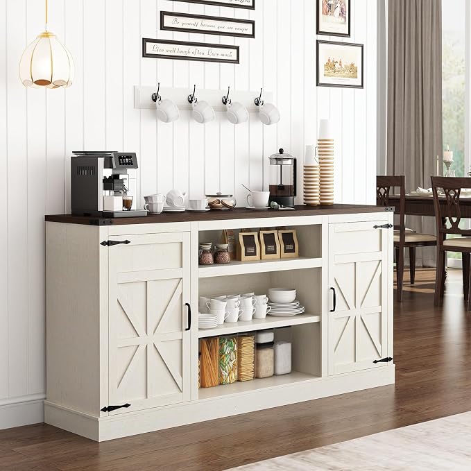 Hlivelood 66" Farmhouse TV Stand with Power Outlets for 75 Inch TVs, 33" Tall Entertainment Center with Storage Cabinets w/Adjustable Shelves, Rustic Large TV Media Console, Rustic White - Image 5
