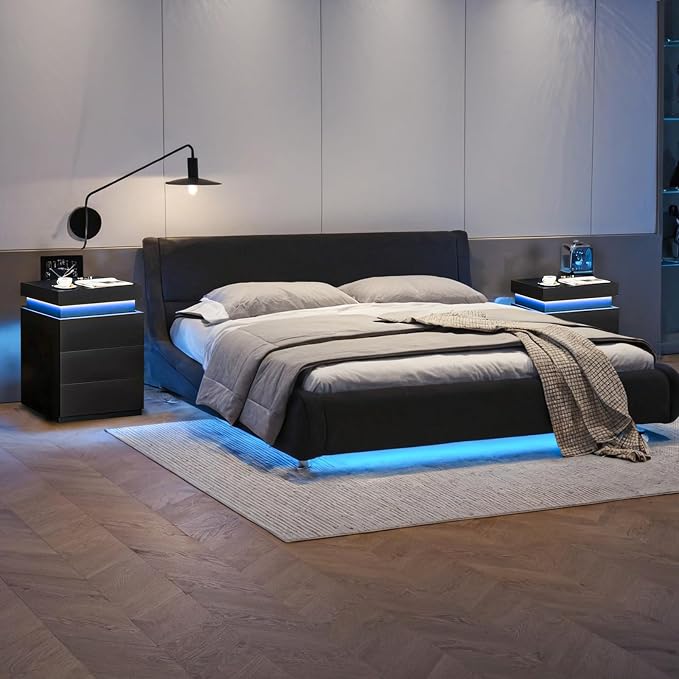 Black Nightstand with Charging Station and LED Light,27'' Tall Night Stand with Sliding Top for Bedroom, Bedside Table with 3 Drawers, Modern End Side Table for Living Room - Image 7