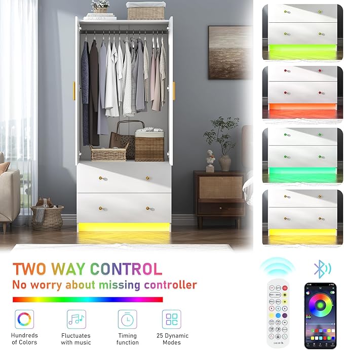chartustriable 2 Doors Armoire Wardrobe Closet with Mirror, LED Closet with Doors and Drawers, Wooden Wardrobe Storage Cabinet with Hanging Rod, Small Armoire, White