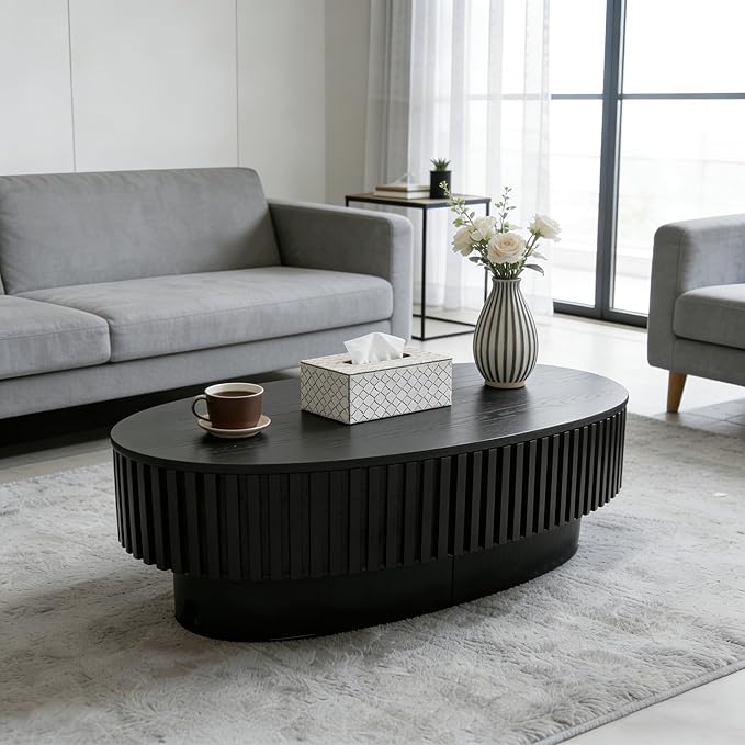 Oval Lift Top Coffee Table with Storage, Modern Drum Center Table with Hidden Compartment for Living Room, Lift Tabletop Fluted Minimalist Wood Dining Table for Home Office - Black