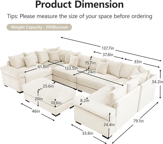 KEIKI 138" U-Shaped Oversized Corduroy Modular Cloud Sectional Sofa with 1 Ottoman, High-Density Foam Cushion, Extra-Thick Armrest, 6-Seater Fluffy Corner Couch with 20 Pillow, for Living Room, Beige