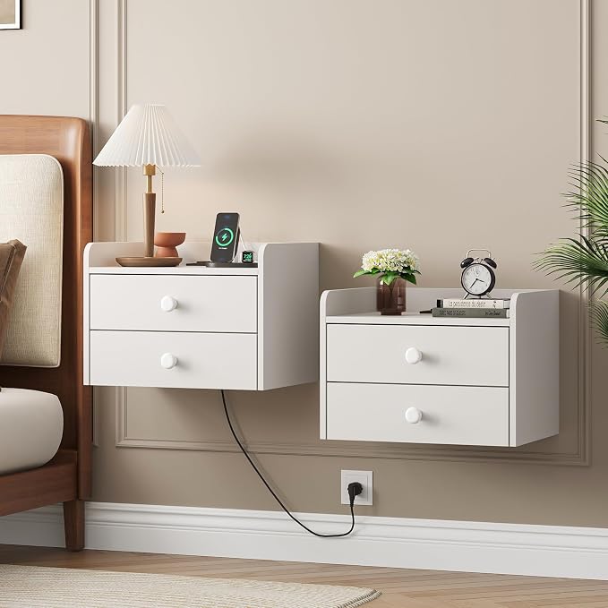 Floating Nightstand Set of 2 with 2 Storage Drawers and Charging Station Wood Wall Mounted Bedside End Table Modern Night Stands Set 2 for Bedroom,Small Space,White by Vabches