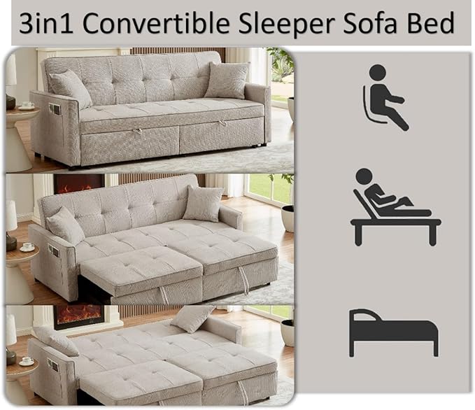 82" 3 in 1 Convertible Sleeper Sofa Bed, Modern Fabric Pull Out Couch, Loveseat Sofa with Pillows & Pockets, Futon Couch Bed Reclining Backrest for Living Room, Bedroom, Apartment, Beige