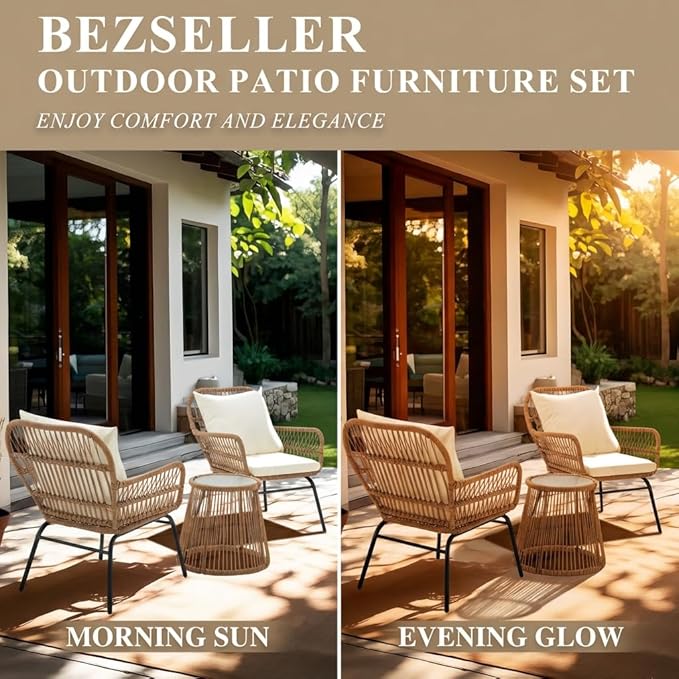 Bezseller 3-Piece Outdoor Patio Set - 20" Wide Seating w/ 2" Thick Cushions, 14.2" Seat Height - Modern Boho Furniture for Gardens, Balcony & Apartments