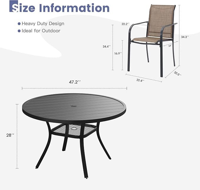 VICLLAX Round Outdoor Dining Set, Patio Table and Chairs Set Set of 6 Patio Stackable Chairs and 47" Outdoor Round Table with Umbrella Hole for Backyard Lawn Garden, Brown Chairs and Black Table - Image 7
