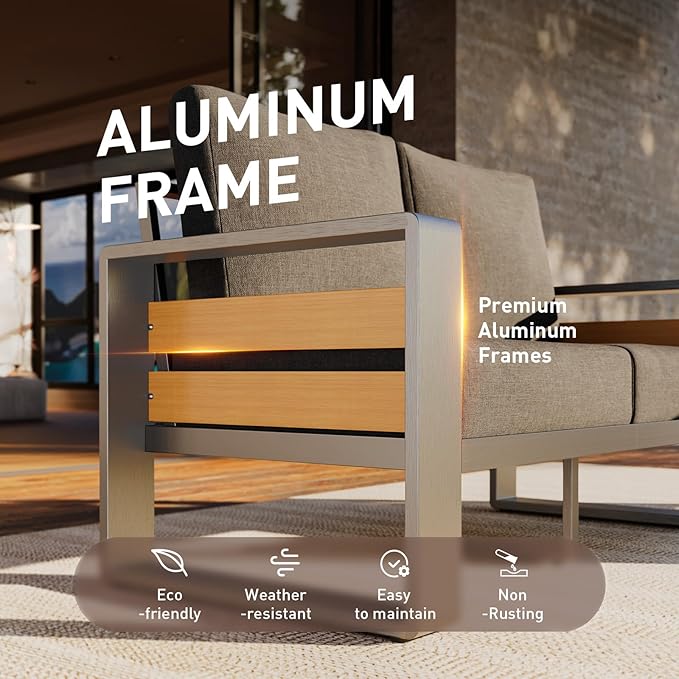 Aoxun Aluminum Patio Furniture Set, 7 Seats Luxury Metal Patio Furniture with Coffee Table, Thick Cushions and Waterproof Cover, Modern Outside Sectional Set for Backyard/Garden/Poolside, Dark Grey