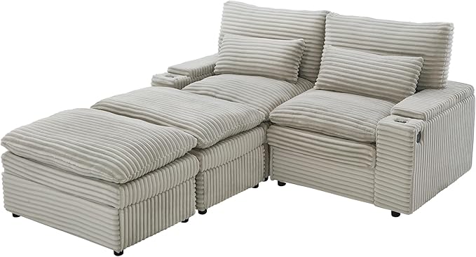 Modular Sectional Sofa Convertible Loveseat Couch,2-Seater Deep Seat Loveseat Sofas Fluffy Corduroy Cloud Couches with Movable Ottoman, Storage Armrest,USB Ports, Cup Holders