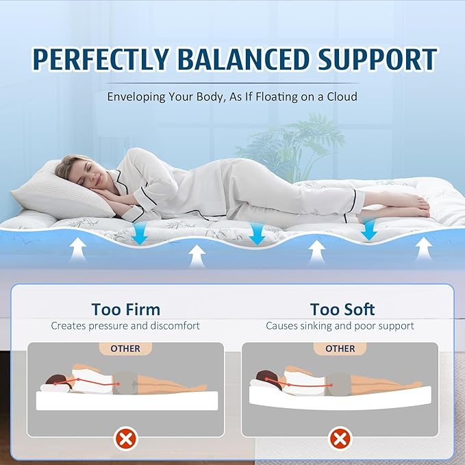 DOWNCOOL Dual Layer 4 Inch Memory Foam Mattress Topper Queen – 2 Inch Gel Memory Foam & 2 Inch Pillow Top Mattress Pad, Soft & Breathable Viscose Made from Bamboo, for Back Pain Relief