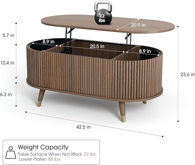 42.5" Oval Lift Top Coffee Table with Storage, Mid Century Modern Walnut Center Table with Fluted Panel, Solid Wood Legs & Hidden Compartment for Living Room