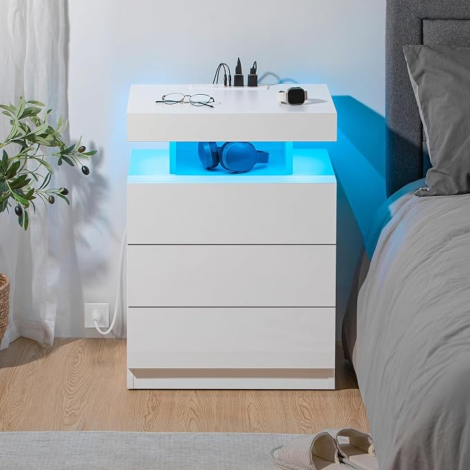 HOMMPA Nightstand with Charging Station and LED Light, Smart Nightstand with USB Port & Wireless Charging, Modern Night Stand with 3 Drawer, White Beside Table with High Gloss Surface for Bedroom - Image 7
