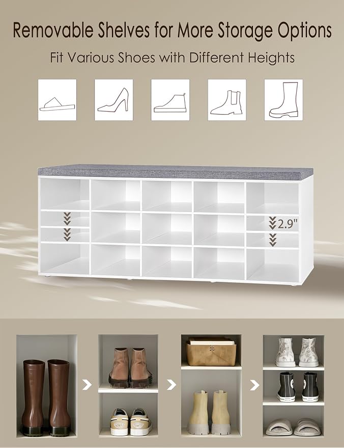 DINZI LVJ Shoe Storage Bench with Cushion, 13-Cubby Shoe Rack, Adjustable Shelves, Multifunctional Shoe Organizer Bench for Entryway, Mudroom, Hallway, Living Room, Bedroom and Garage, White - Image 5