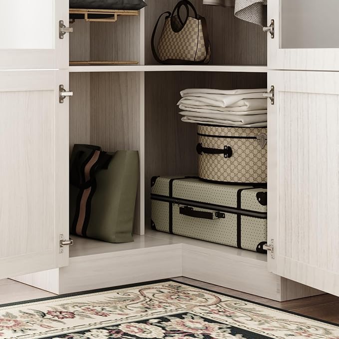 L-Shape Wardrobe Armoire Closet with Hanging Rod & Shelf, Bedroom Armoire with Frosted Glass Doors, Clothes Wardrobe with Gold Knob, Wood Grain, 35.4”D x 35.4”W x 70.9”H