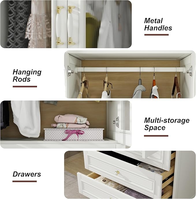 Solid Wood Armoire Wardrobe Closet, 4 Door Solid Wood Wardrobe Cabinet with 2 Drawers, Armoire Closet with Hanging Rods Storing Clothes for Bedroom (White-26)